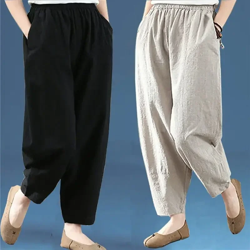 Women's Cotton Linen Pants 2024 New Summer Loose Fit Slimming Harajuku Style Korean Version Casual 9 Points Harem Pants