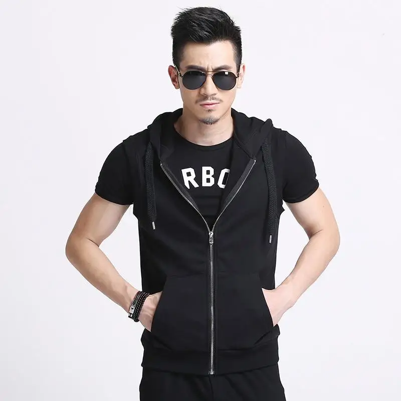

Summer Sport Men's Slim Fit Hoodie Vest No Sve Fitn Tank Top Large Size Zipper Jaet Thin Cotton Vest ex Workwear