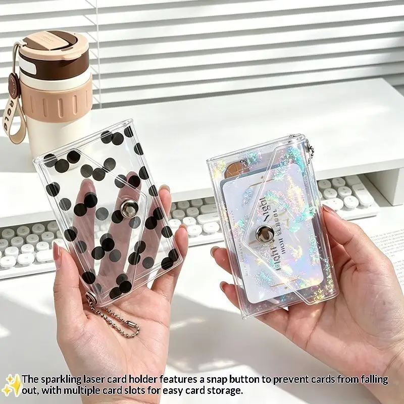 Star Glitter Clear Three Fold PVC Card Holder Mini Snap Coin Purse With Bead Chain Keyring For ID Card Daily Storage Gift