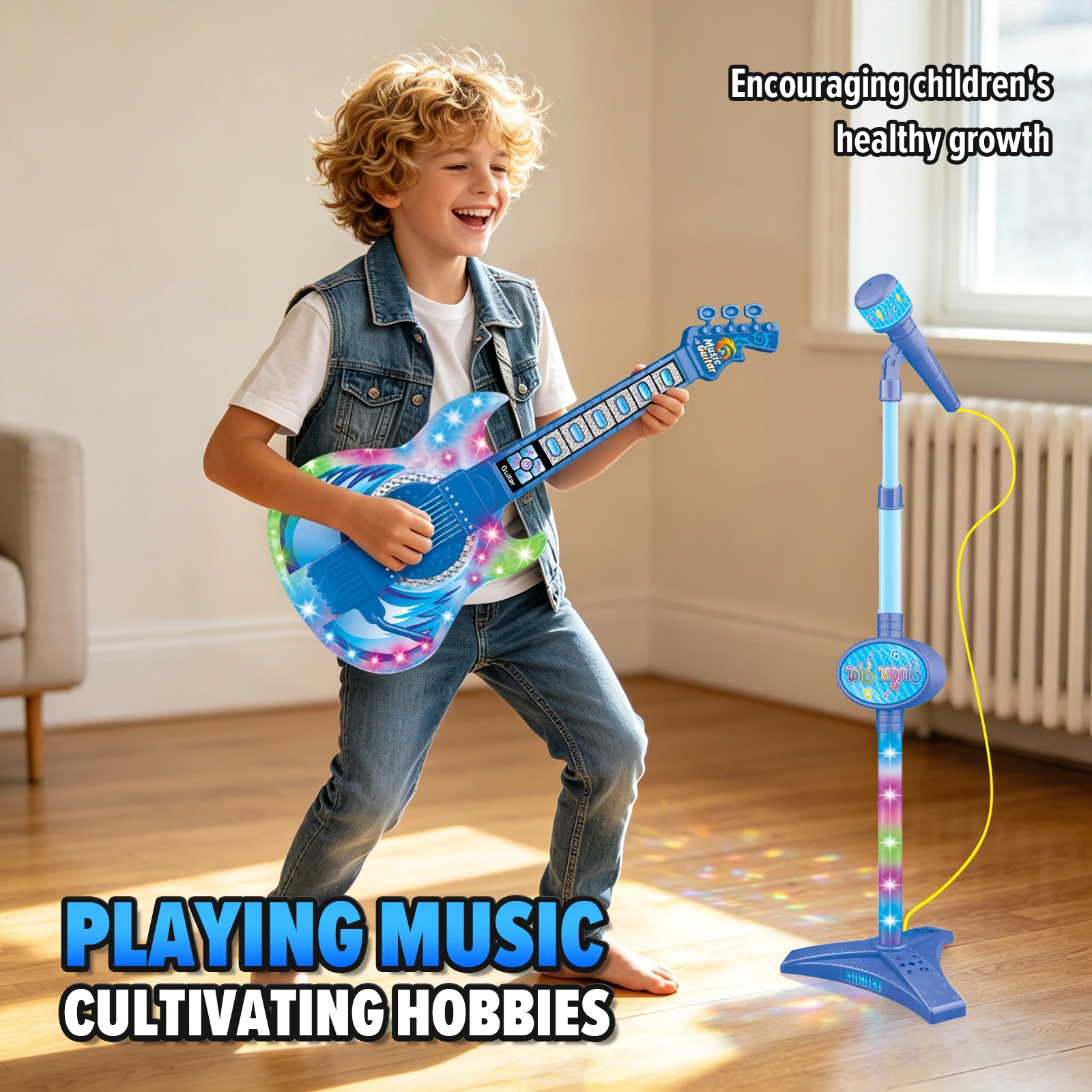 Children's Electric Karaoke Microphone Multi-functional Guitar Singing Song Musical Instrument Set with Light Toys for Kids Gift