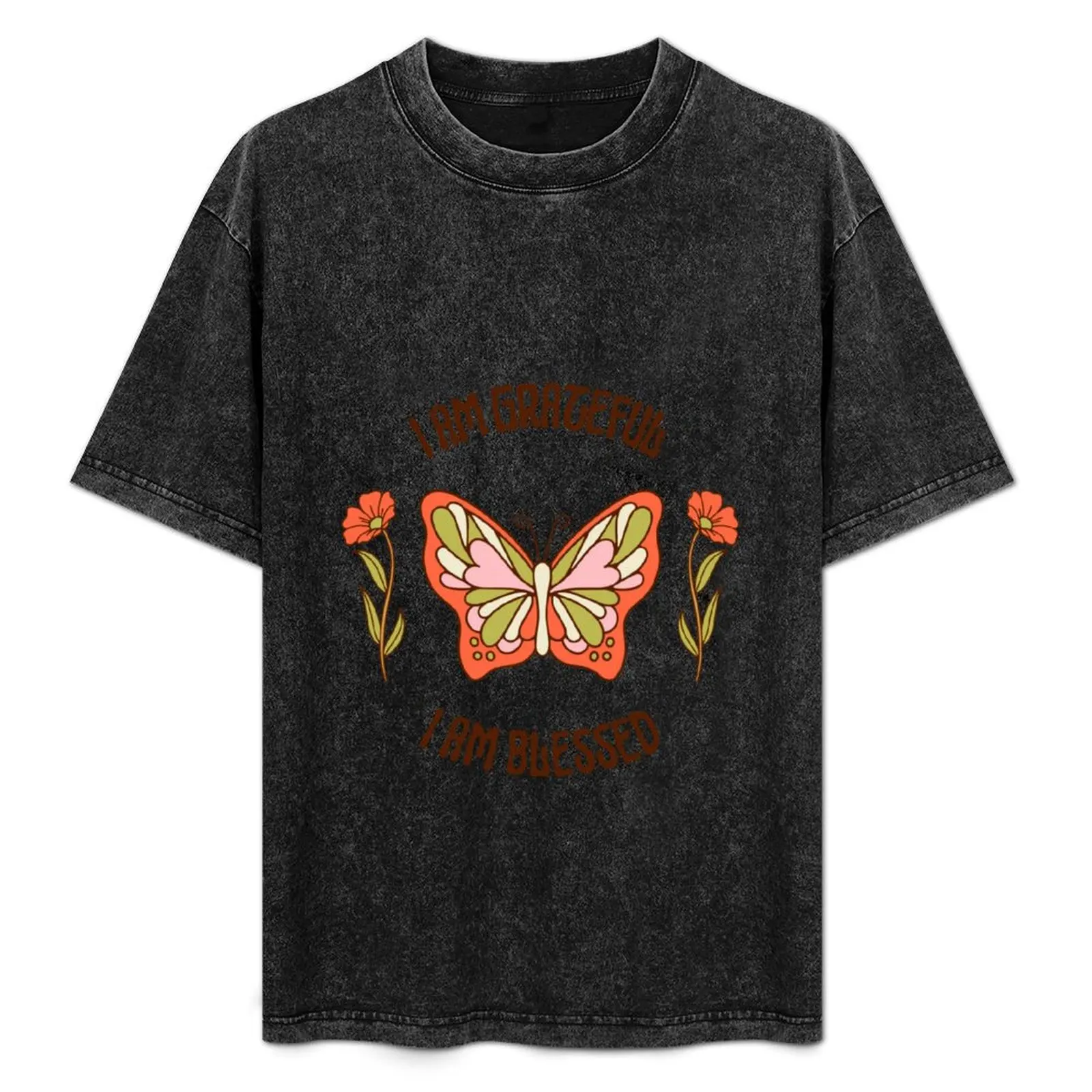 

I am grateful - I am blessed Butterfly Illustration Pastel Green Background T-Shirt Fashion Graphic Tee for Men