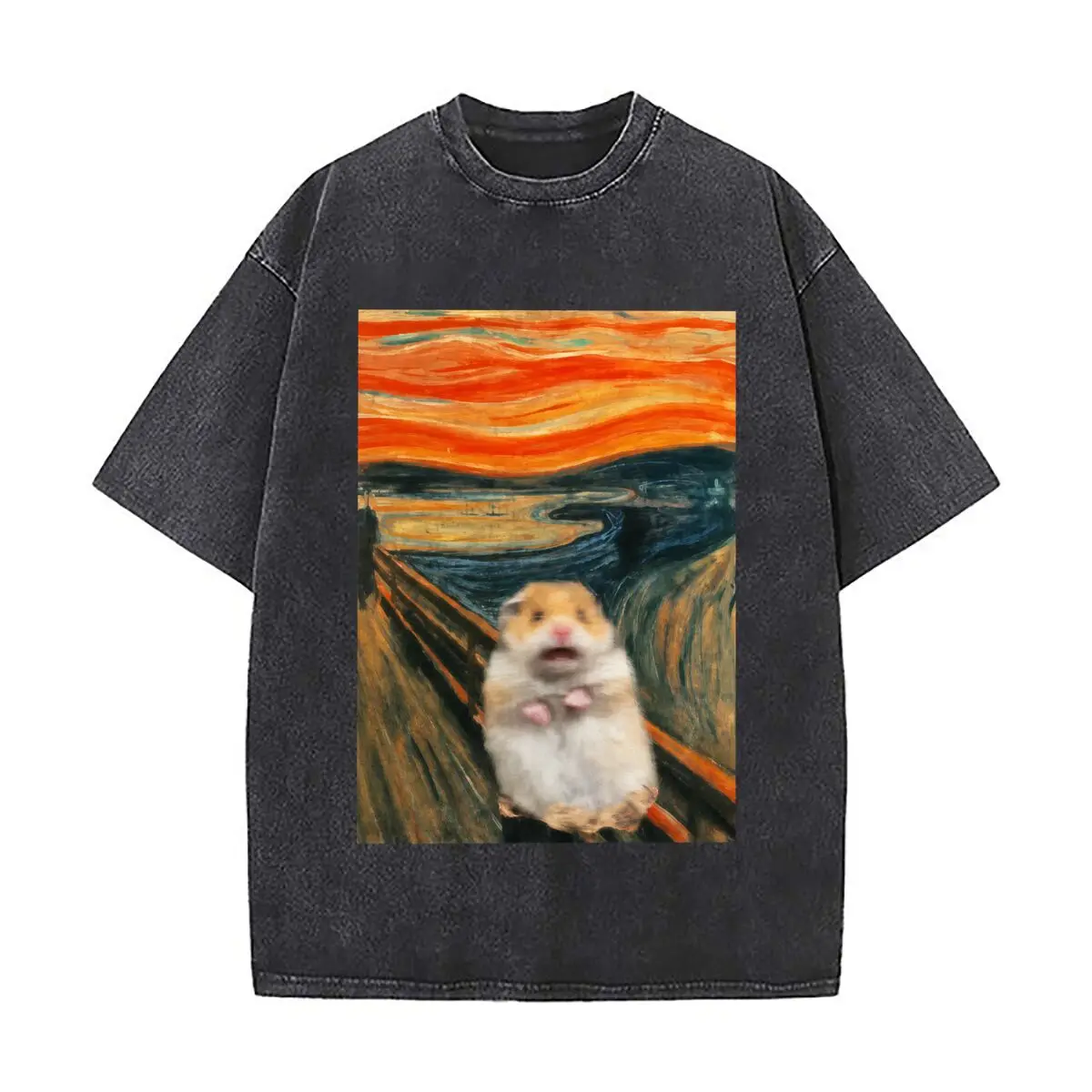 Funny Scared Hamster Scream Meme Art Parody 2026 Washed Vintage Short Sleeve Loose Streetwear Tee