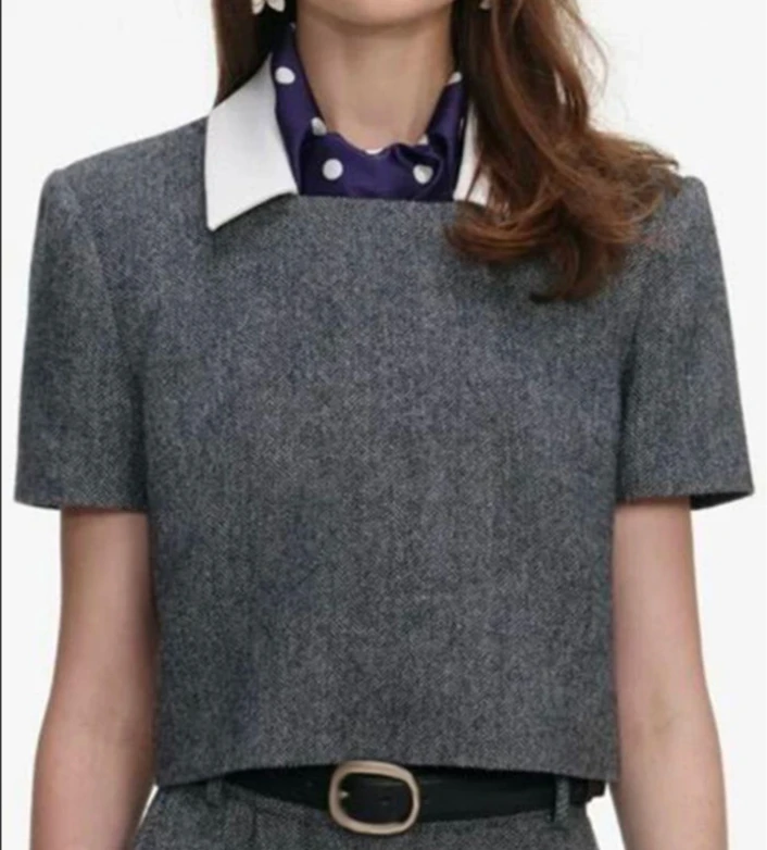 2026 Early Spring Women's Gray Short Pullover Top, Herringbone Pattern with Detachable Polka Dot Scarf, Female Casual Tops