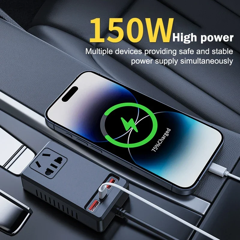محول طاقة عالمي لهاتف iPhone، محول سيارة 150 وات تيار مستمر 12 فولت/24 فولت إلى 110 فولت/220 فولت مع شواحن USB من النوع C