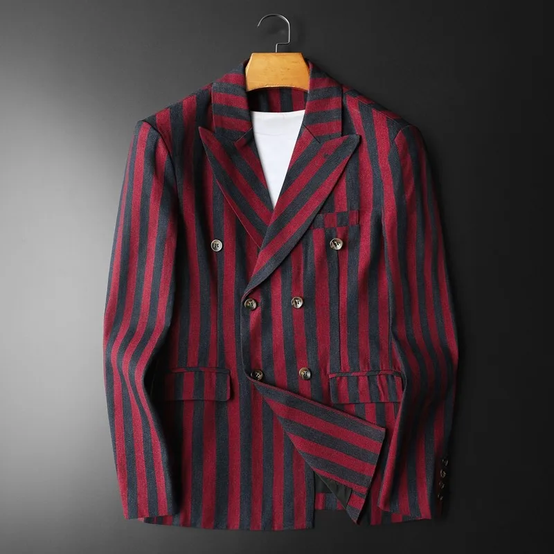 

British Style Striped Double Breasted Suit Jacket Men Lapel Business Casual Men Blazers Street Wear Social Wedding Groom Coats