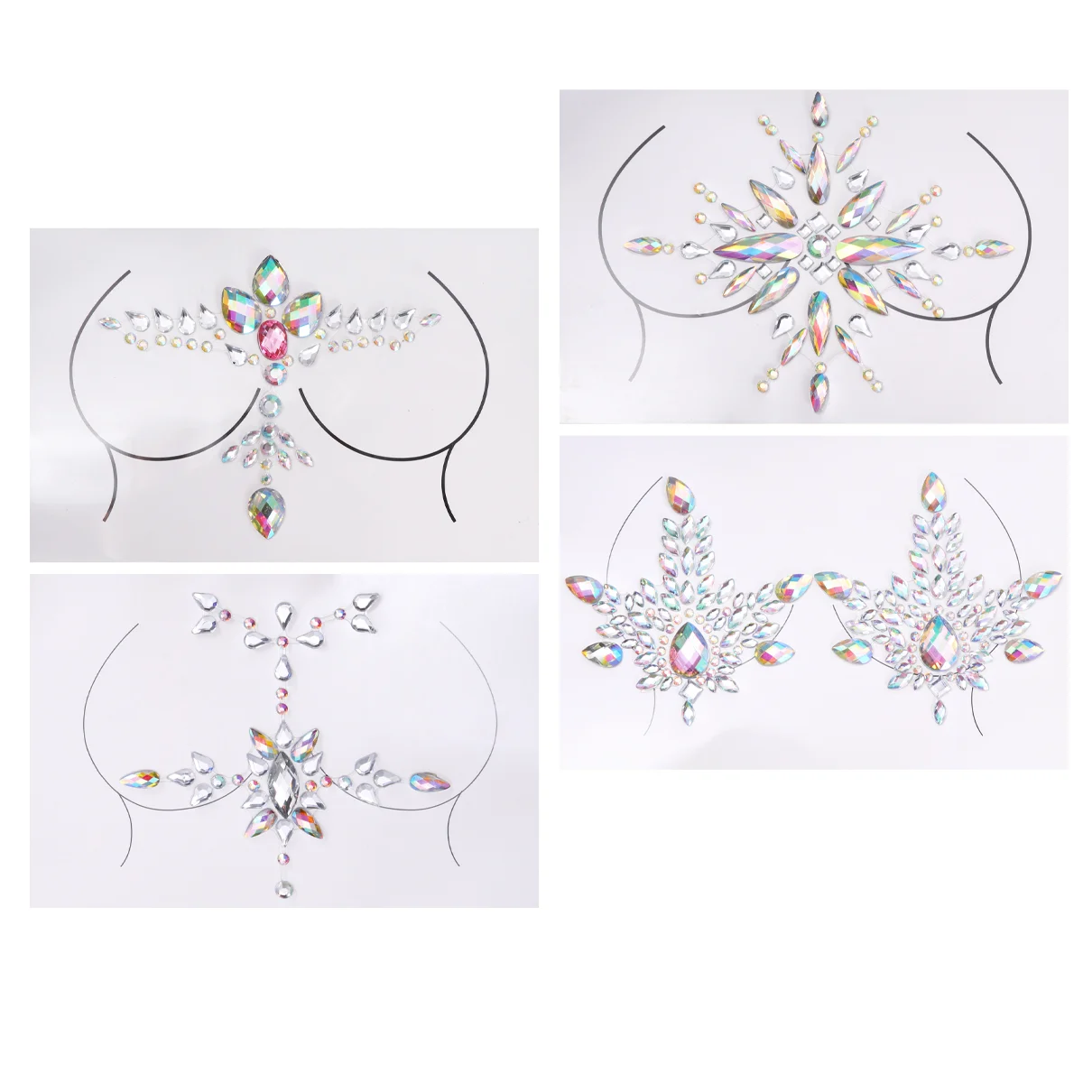 

4 Sets Rhinestone Chest Face Stickers Body Jewelry Reusable Breast Gems Make up Acrylic Costume