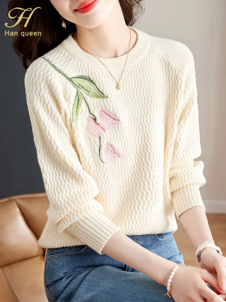 H Han Queen Korean Tops New Korean Elastic Knit Pullovers Sweaters Chic O-Neck Autumn Bottoming Embroidery Casual Sweater Women