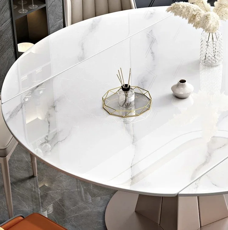 Luxury Glossy Sintered Stone Round Dining Table Set 6 Household Dining Furniture Restaurant Hotel Folding Table and Chairs