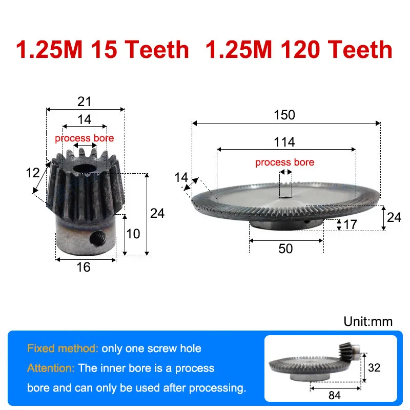1Set(2pc) 90 Degrees Precision Bevel Gear 0.8 Module 1.25 Module Speed Ratio 1:8 Transmission Bevel Gear Process Bore