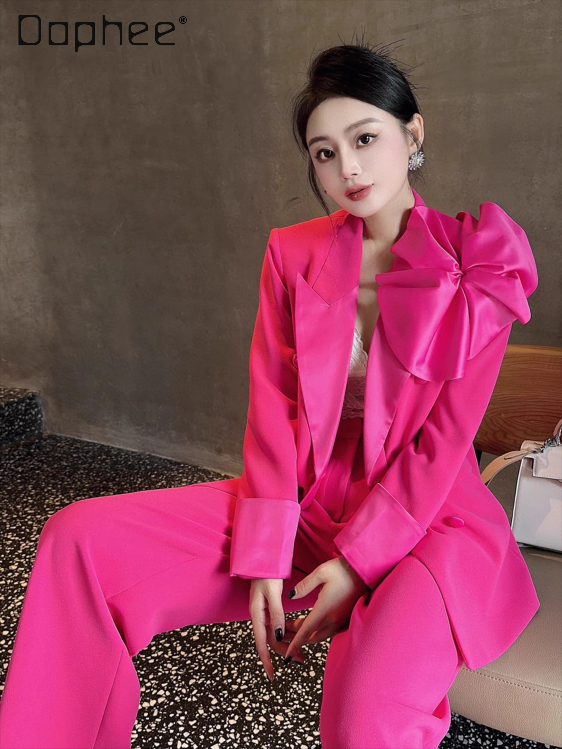 

High-end Fashion Suit Three-dimensional Flower Slim Blazer Wide-leg Pants Commuter Style Temperament 2 Piece Sets Womens Outfits