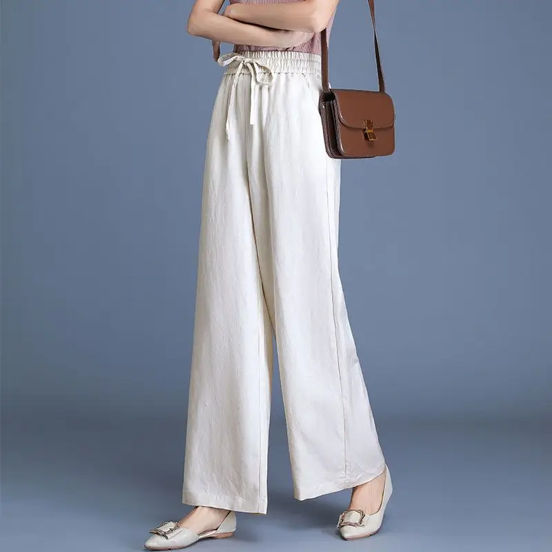 Spring Summer New Solid Color Elastic Waist Wide Leg Trousers Women High Street Pockets Patchwork High Waist Cotton Hemp Pants