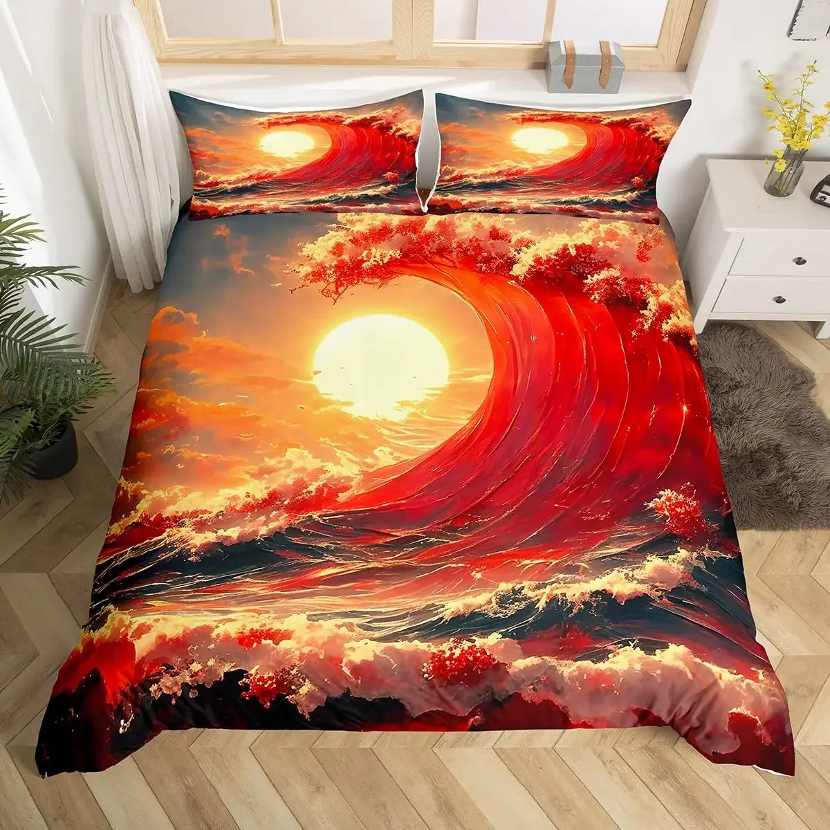 Ocean Wave Duvet Cover Set Sea Surfing Red Sun Bedding Set Japanese Ukiyoe Comforter Cover Exotic Navy Blue Decor Quilt Cover