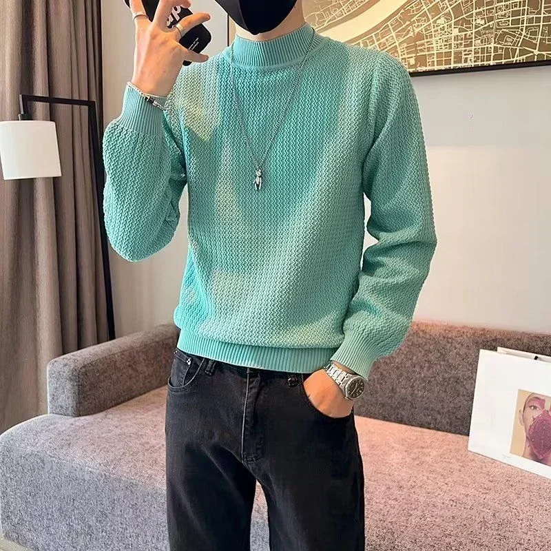 

Knitted Sweaters for Men Half Collar Plain Man Clothes Solid Color Green Turtleneck Pullovers Jumpers Winter 2024 Trend Baggy X