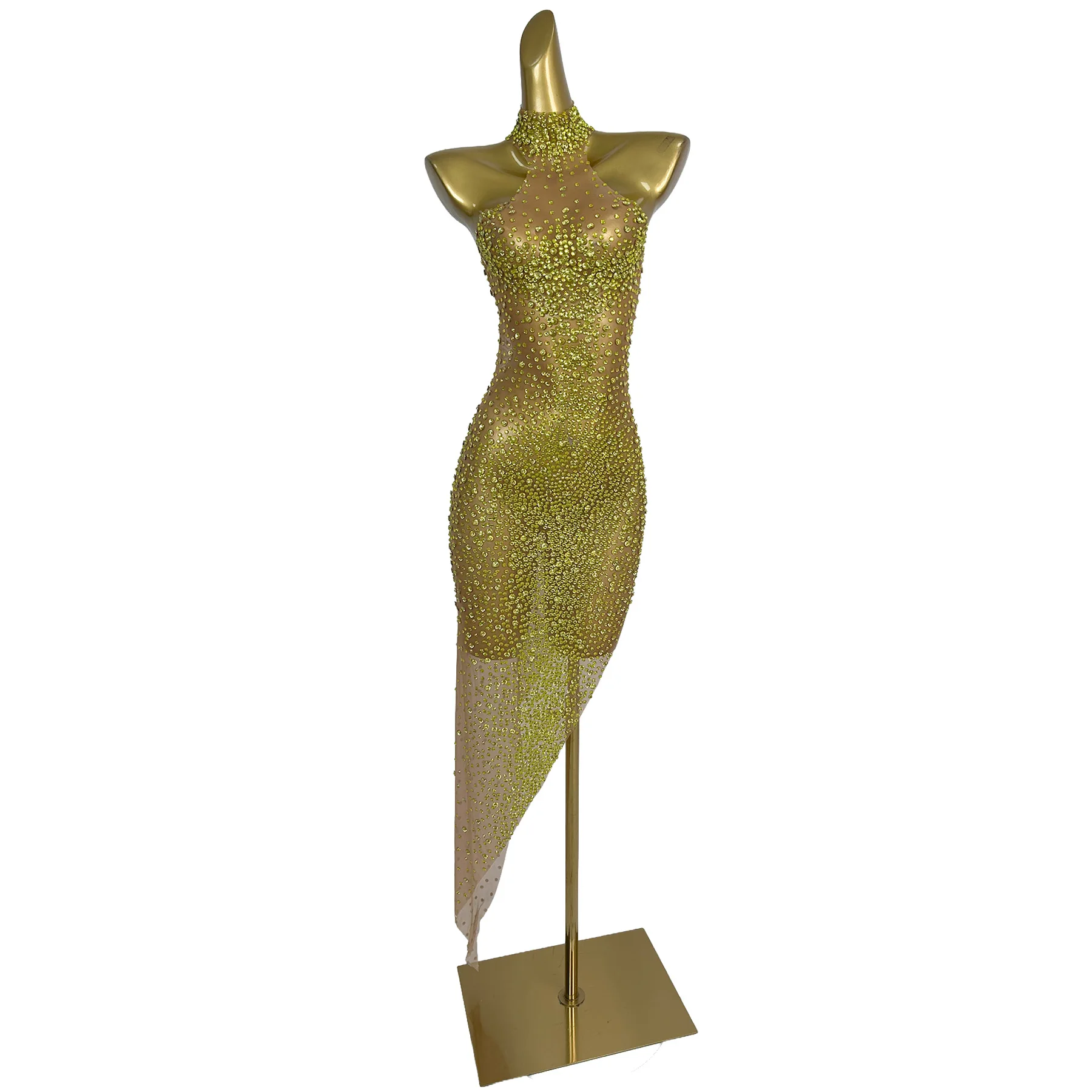 

Jianbian Lime Green Rhinestone Halter Neck Asymmetrical Mesh Dress for Drag Queen Stage Performances and Nightclub Events