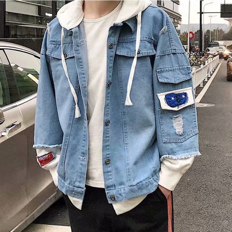 

New Spring Autumn Fashion Hooded Denim Jacket For Men Women Casual Fake Two Pieces Patchwork Coat Couple Denim Jacket