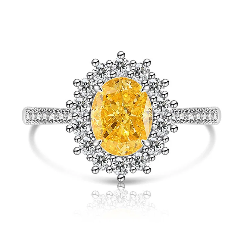 925 Sterling Silber Mode Luxus-Ring mit Eisblumen-Schliff, Taubenei-Sonnenblumen-Kristall und Zirkon für Damen, Schmuckgeschenk – Detail 11