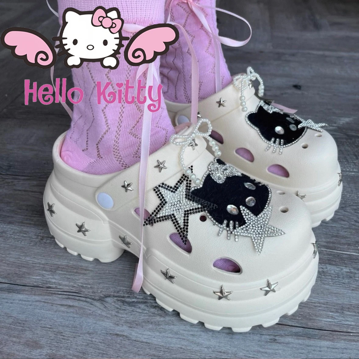 

Sanrio Hello Kitty, новые звездные сандалии на платформе, популярная девушка y2k, увеличение высоты на 8 см, модные женские тапочки для отдыха, верхняя одежда