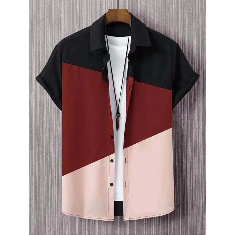 Chemise à manches courtes pour hommes et femmes, vêtements streetwear à revers boutonné, impression 3D, épissage trichromatique, mode décontractée, été