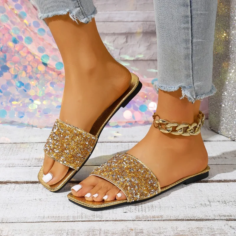 Женские модные сандалии на плоской подошве с блестками, лето 2024, уличные тапочки с открытым носком, женская обувь, большие размеры 43, обувь Zapatos De Mujer
