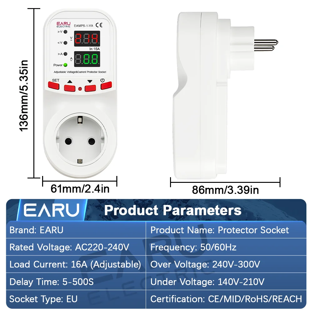 EARU Refrigerator Protector EU Socket Plug 16A AC 230V Adjustable Over Under Current Voltage Protector Meter Ammeter Voltmeter