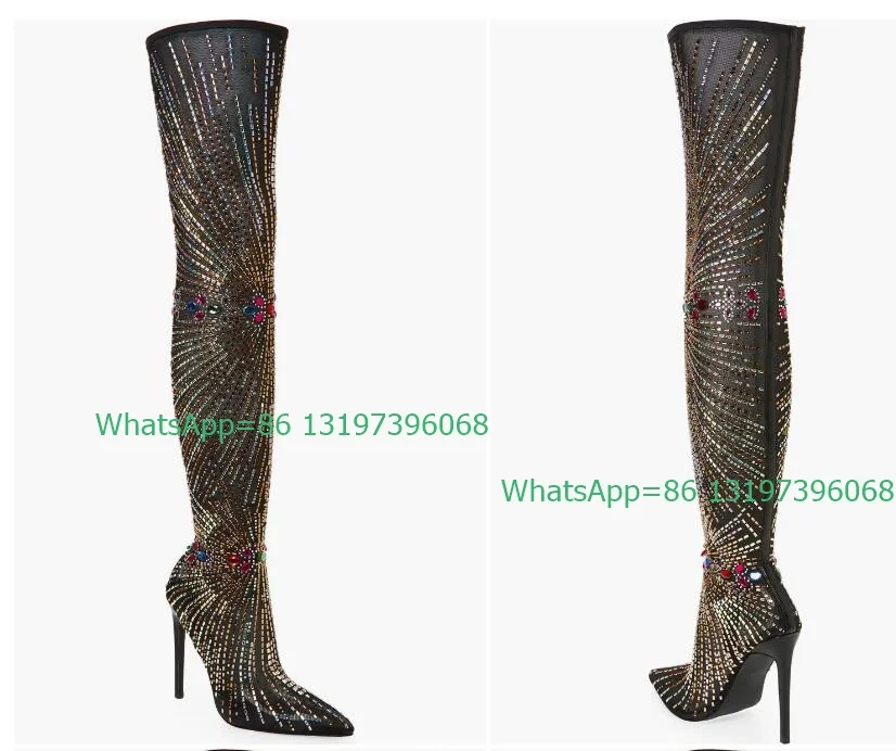 Lady sexy colorful rhinestone design boots pointed toe suede thigh boots demand bling sequins boots stiletto heel gothic boots