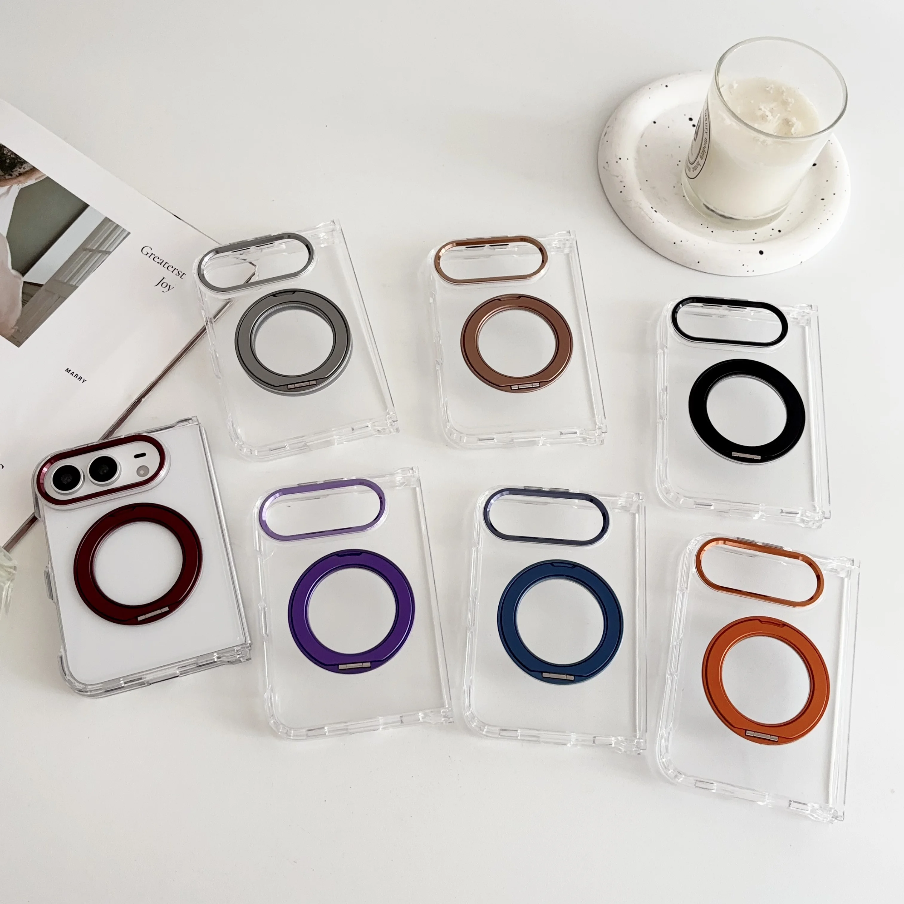 For iPhone Duo Magnetic 360 Ring Stand Acrylic Phone Case Foldable Clear Shockproof Anti-Scratch Camera Lens Frame PC+TPU Cover