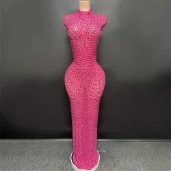 Luxury Rhinestones Fuchsia Sexy See Through Backless Sheath Dress Evening Party Performance Nightclub Singer Dancer Stage Wear