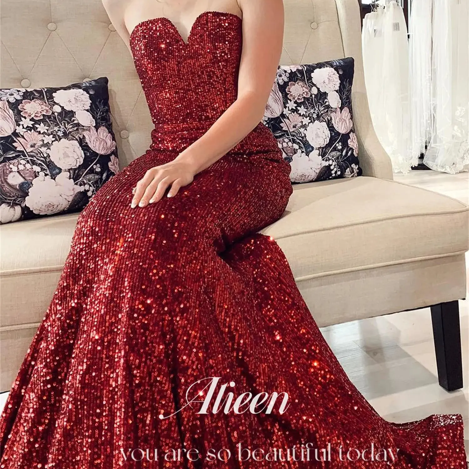 

Aileen Claret Off the Shoulders Striped Fine Sequins Mermaid Elegant Plus Size Party Dresses for Special Occasions Evening Woman