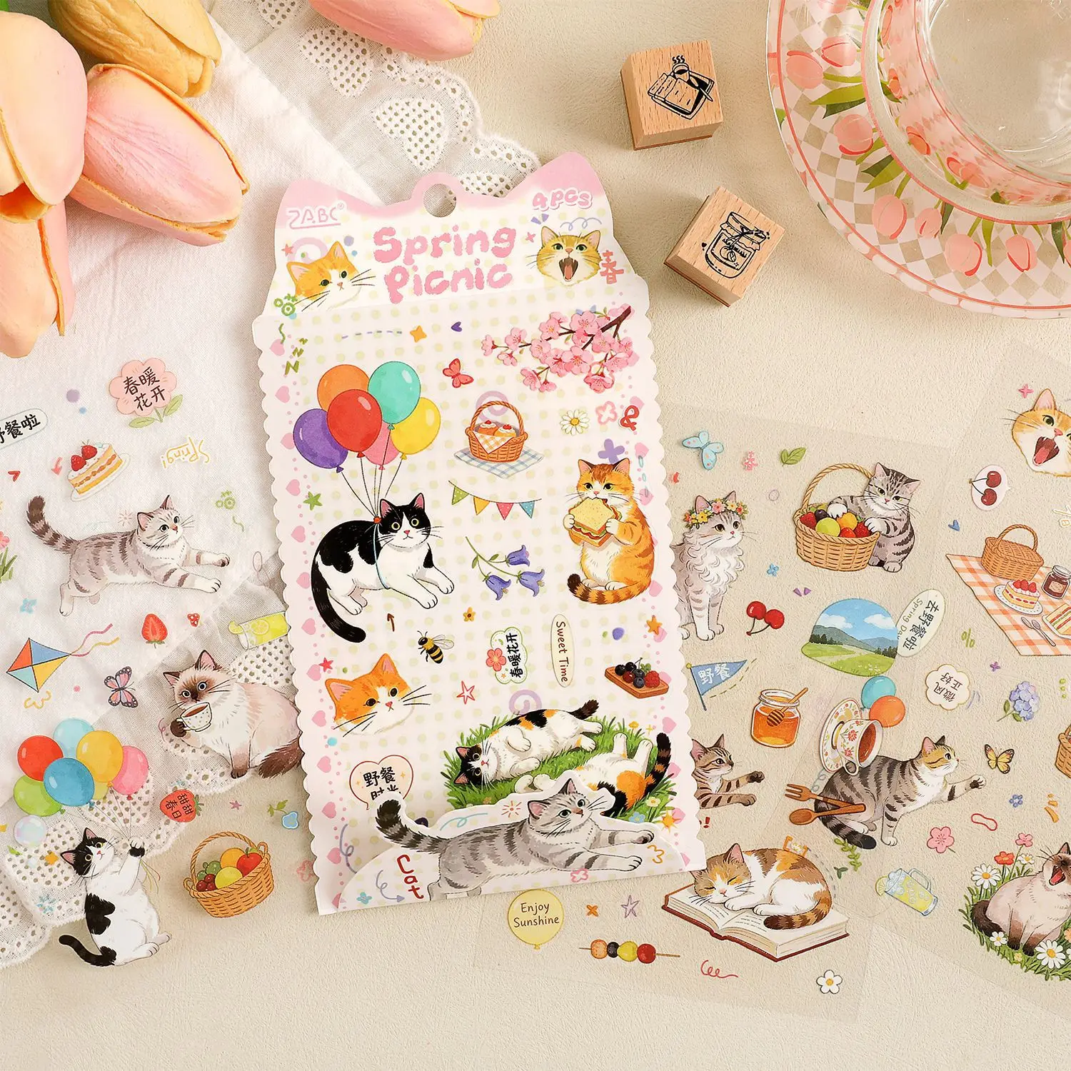 Cute Cat Picnic Flower Cake Landscape PET Sticker Creative DIY Journal Material Collage Scrapbooking Stationery