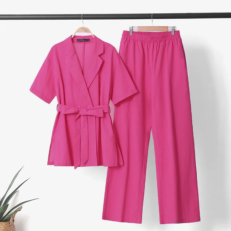 Moda terno colarinho de manga curta algodão linho calças femininas 2 peça verão casual topo amarrando calças bolso terno feminino