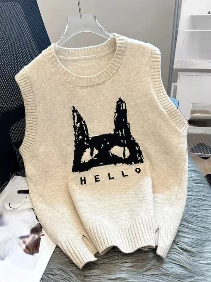 

Lazy Style Pullovers Sleeveless Cartoon Jacquard Forked Sleeveless Contrast Color Sweater Vest Casual Loose 2024 Women Clothing