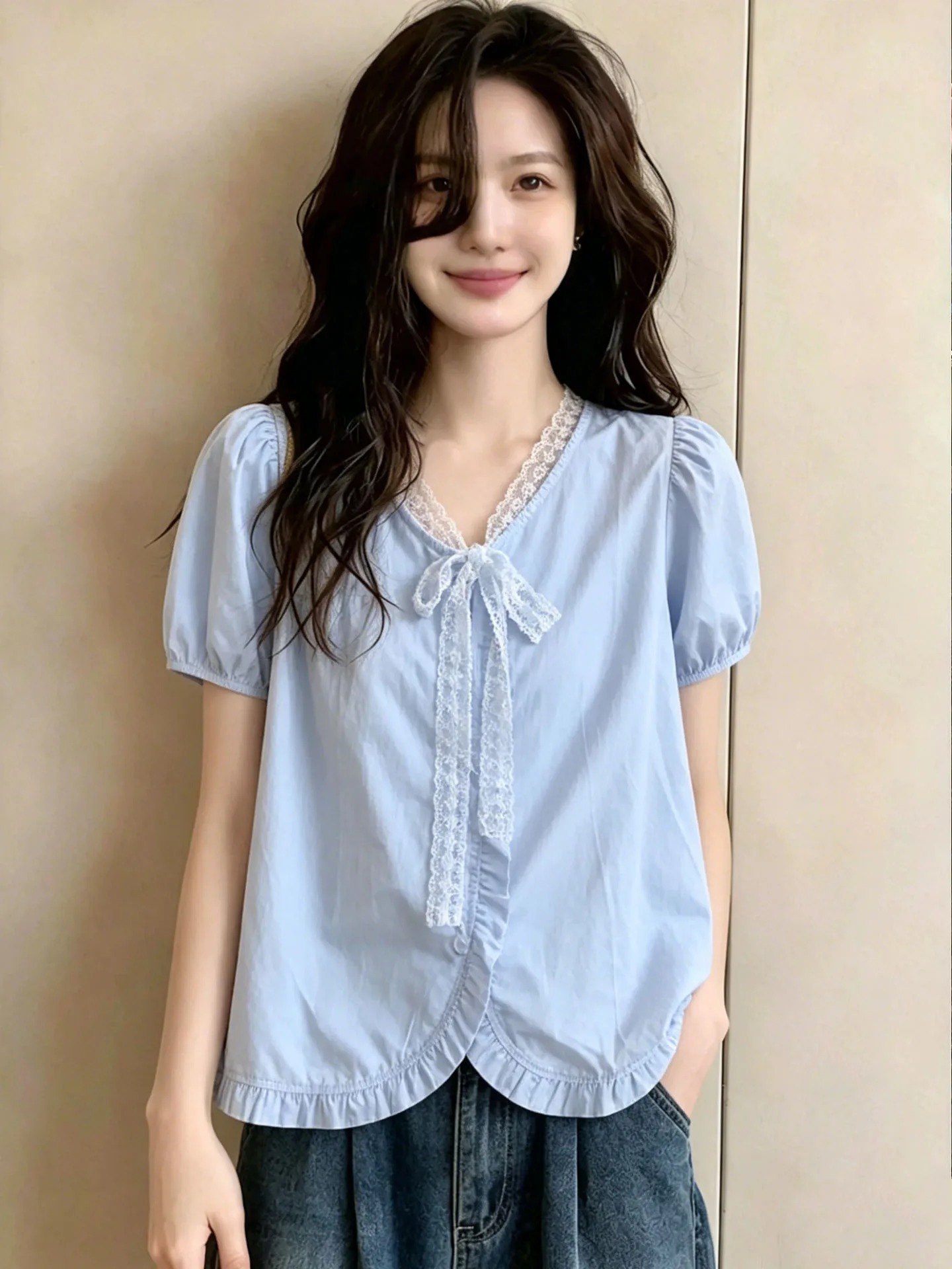 

Blue Cotton Linen Short Sleeve Shirt Top for Women Summer 2026 New Style Small Size Anti-Aging Doll Shirt Matching Halter Skirt