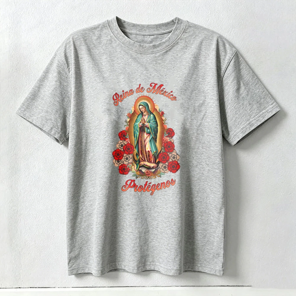 Catholic Women Cotton Tshirt Reina de Mexico Our Lady Of Guadalupe Spanish Rose Art Unisex Tee Fashion Latin Religious Tops