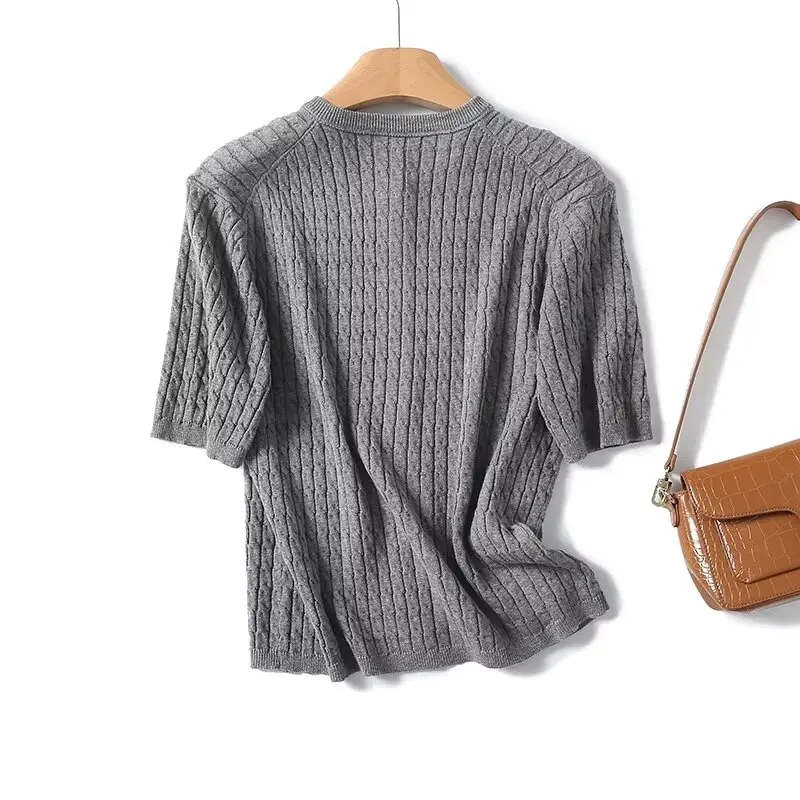 Tangada 2024 Women Gray Knitted Sweater Jumper Short Sleeve Cardigan 4C035