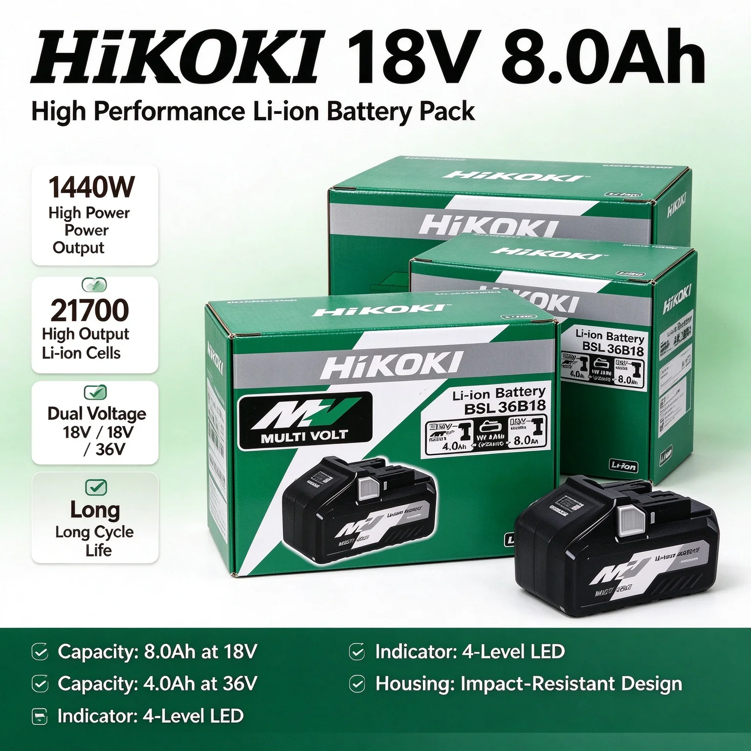HiKOKI Hitachi 18V 8.0Ah Li-ion Battery Pack BSL1880,High Density Cells,Built in BMS Protection Power Indicator for Diy Projects