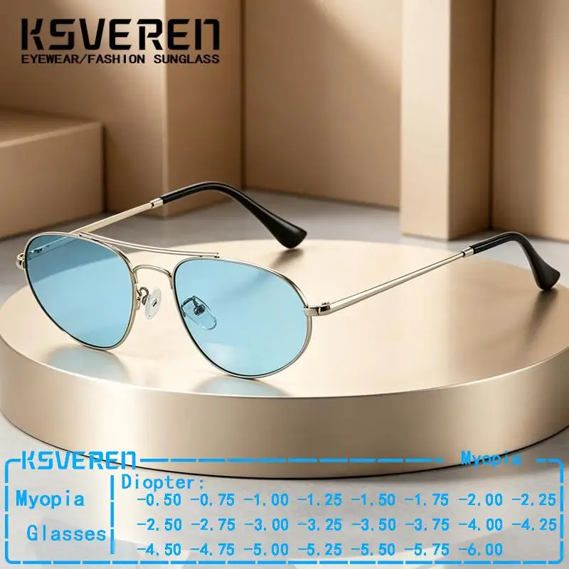 Metal Pilot Blue Lens Myopia Sunglasses Men Women Trendy Tinted Prescription Sunshade Glasses Driving Eyewear Negative Diopter