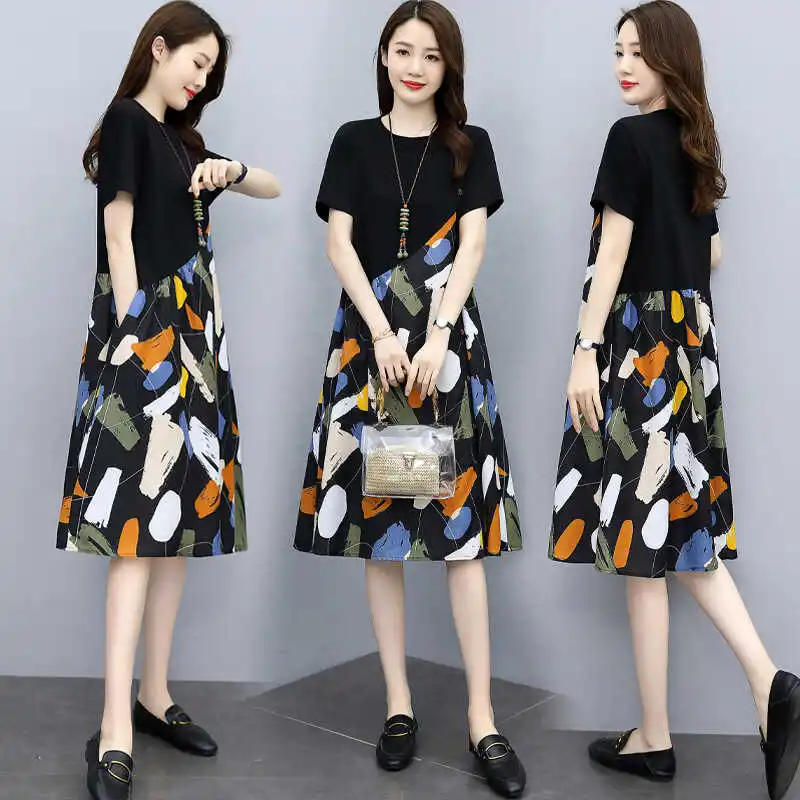 

Свободное летнее платье А-силуэта с принтом и вставками для женщин среднего возраста, больших размеров, корейский стиль, с биркой бренда, для похудения