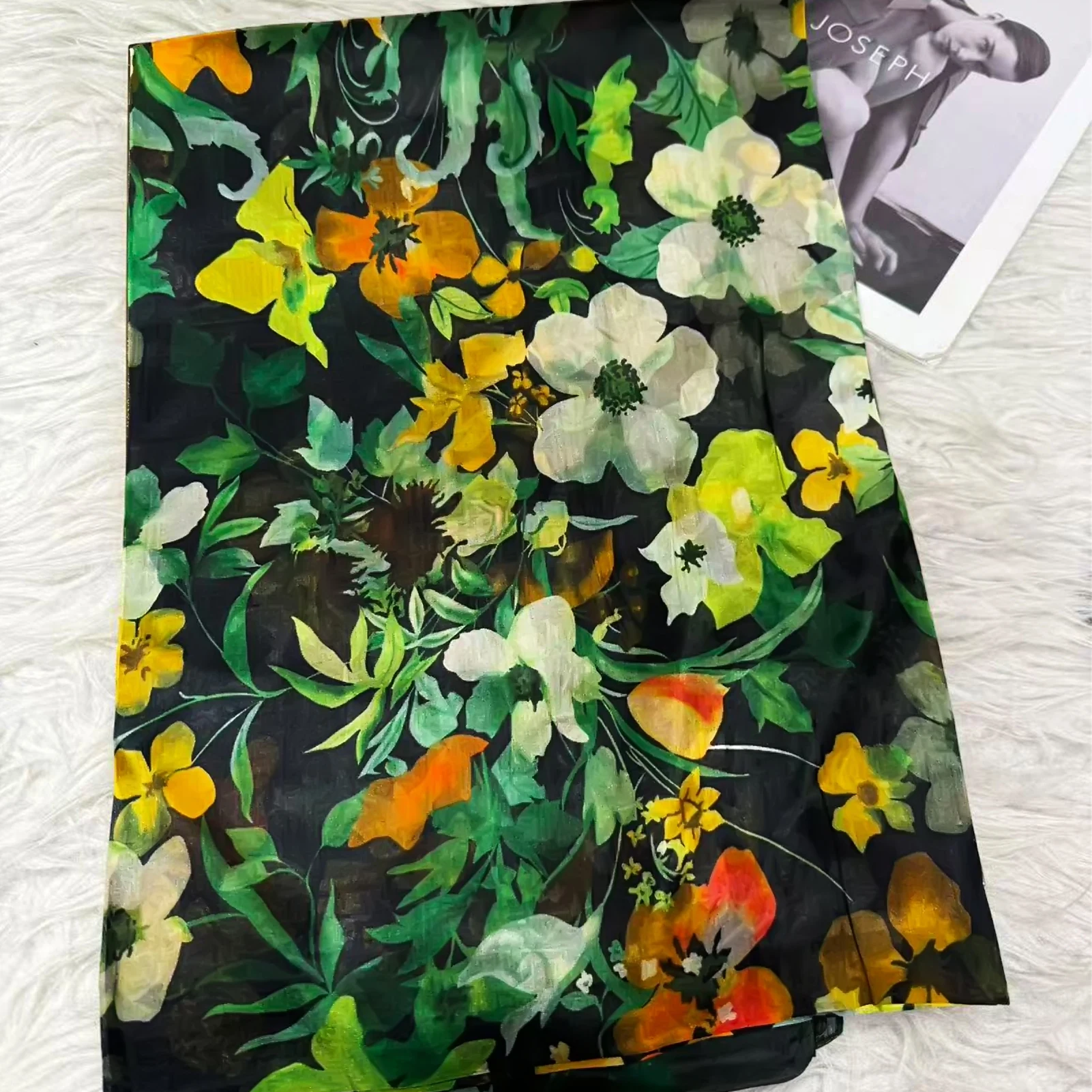 [BYSIFA] Women Black Yellow White Silk Scarf Shawl Spring Fall Elegant Floral Design Pure Silk Long Scarves Wraps Neck Scarf