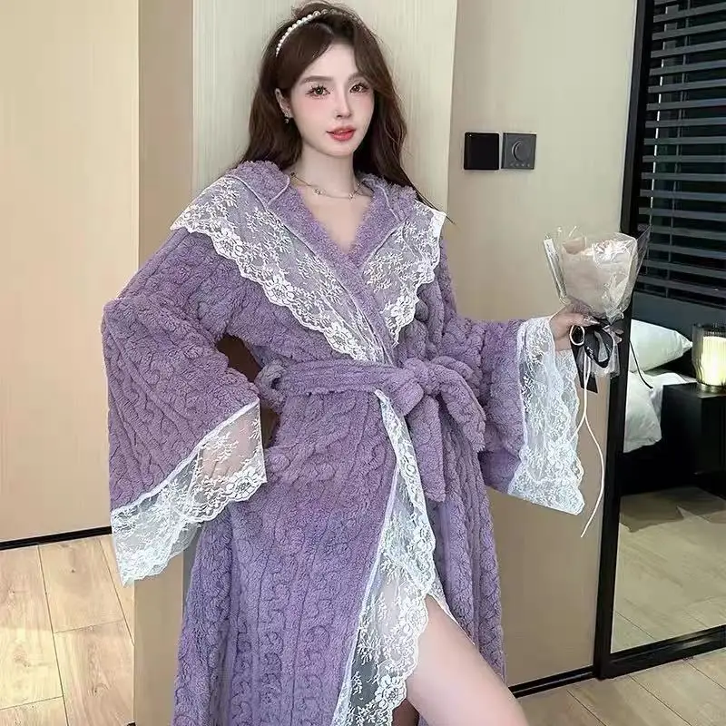 Autumn Winter Women Fleece Lace Robe Thickened Casual Homewear Girls Student Outdoors Wearable Loungewear Casual Sleepwear Lady