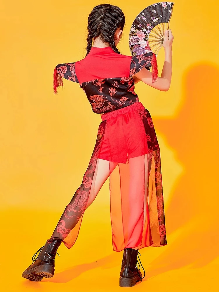 2022 neue chinesische Hip-Hop-Tanz kleidung für Mädchen rote Outfits Jazz moderne Tanz kostüme Street Dance Rave Kleidung