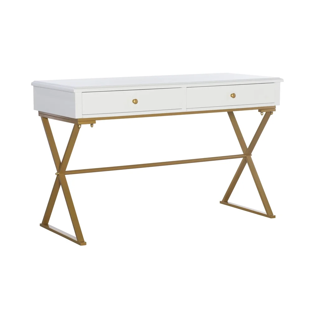 Modern Two-Drawer Campaign Desk Metal Frame with Brass Finish Stylish Writing Desk Perfect Home Office