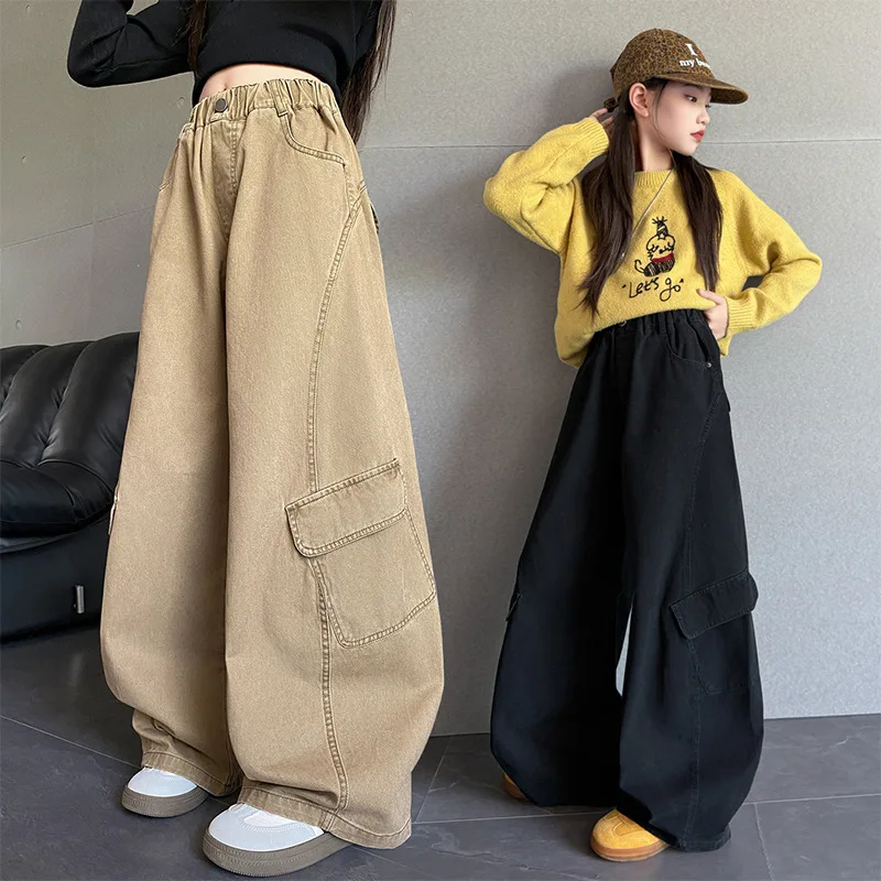 

New Spring Kids Cargo Pants Teen Girl from 5 6 7 8 9 10 11 12 to 14 Years Old Child High Street Burgundy Trousers With Pockets