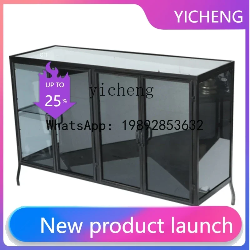 A2-2 minimalist design furniture wrought iron dining side cabinet retro glass cabinet layered storage display cabinet
