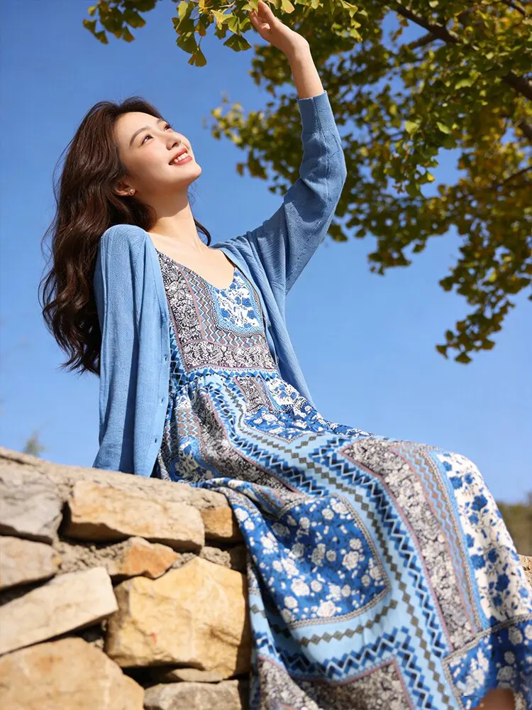 

Fashionable Blue Knitted Long Dress Set for Women Elegant Tea Break Dress Casual Style Floral Pattern Autumn Spring Wear