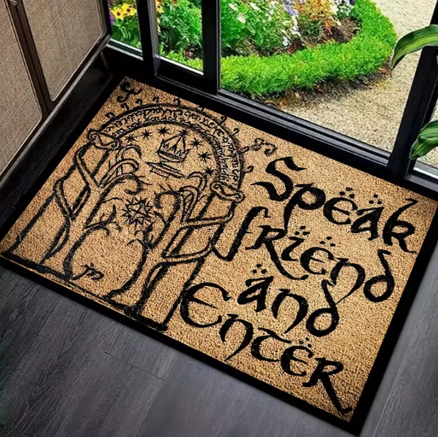 Alfombra de entrada con estampado de puerta de Moria en blanco y negro, antideslizante y lavable, para decoración del hogar de los fanáticos de la fantasía, con la frase "Speak Friend and Enter"