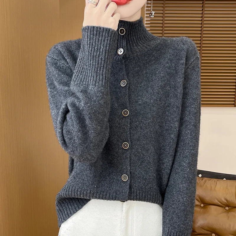 2024 autumn and winter new women's stand collar 100% pure wool fashionable casual versatile cardigan