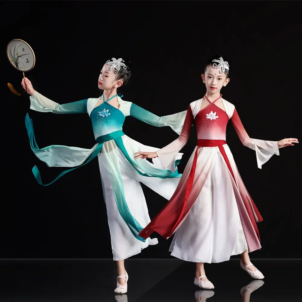 Traje de dança clássica para crianças, roupas de gaze para meninas, fan dance, chinês