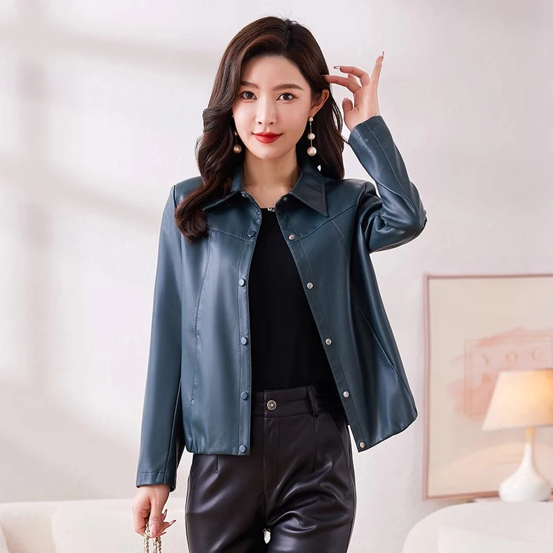 New Women Short Leather Coat Spring Autumn Fashion Turn-down Collar Single Breasted Casual Slim Jacket Split Leather Outerwear