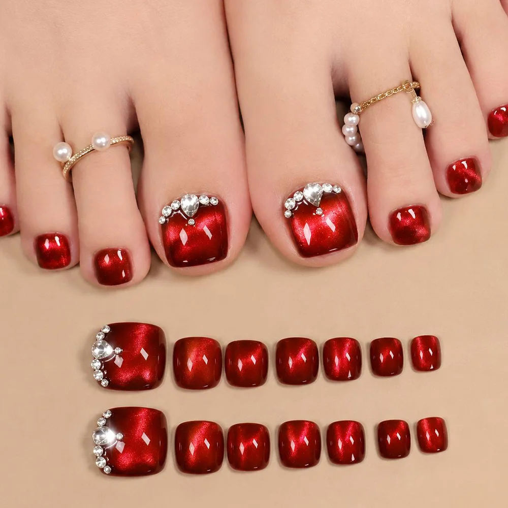 24 Pieces Shiny Mirror Red Cat Eye Toe False Nails Sparkly Rhinestone Embellished Waterproof Press On Foot Nail Tips For Women