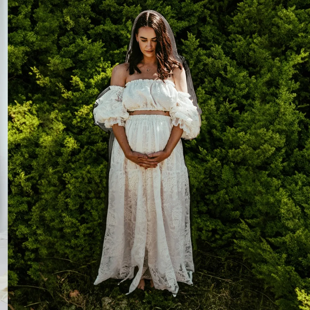 Maternity Photography Dresses White Hollow Lace One Shoulder Long Sleeved Two-Piece Dress Bohemian Photography Dress For Women